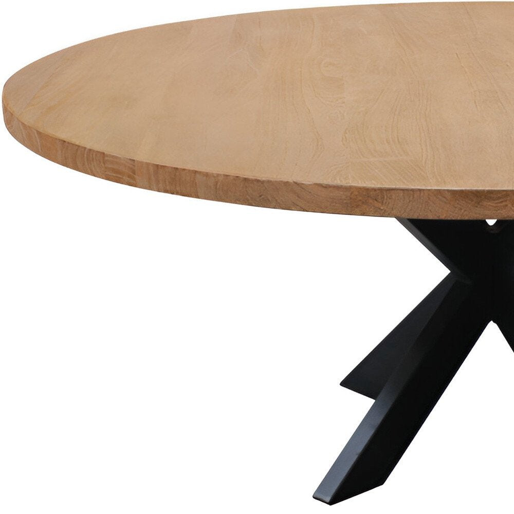 Natural and Black Rounded Solid Wood and Iron Pedestal Base Dining Table
