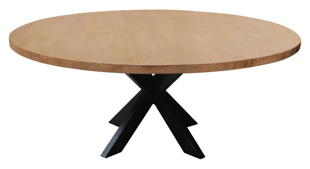 Natural and Black Rounded Solid Wood and Iron Pedestal Base Dining Table