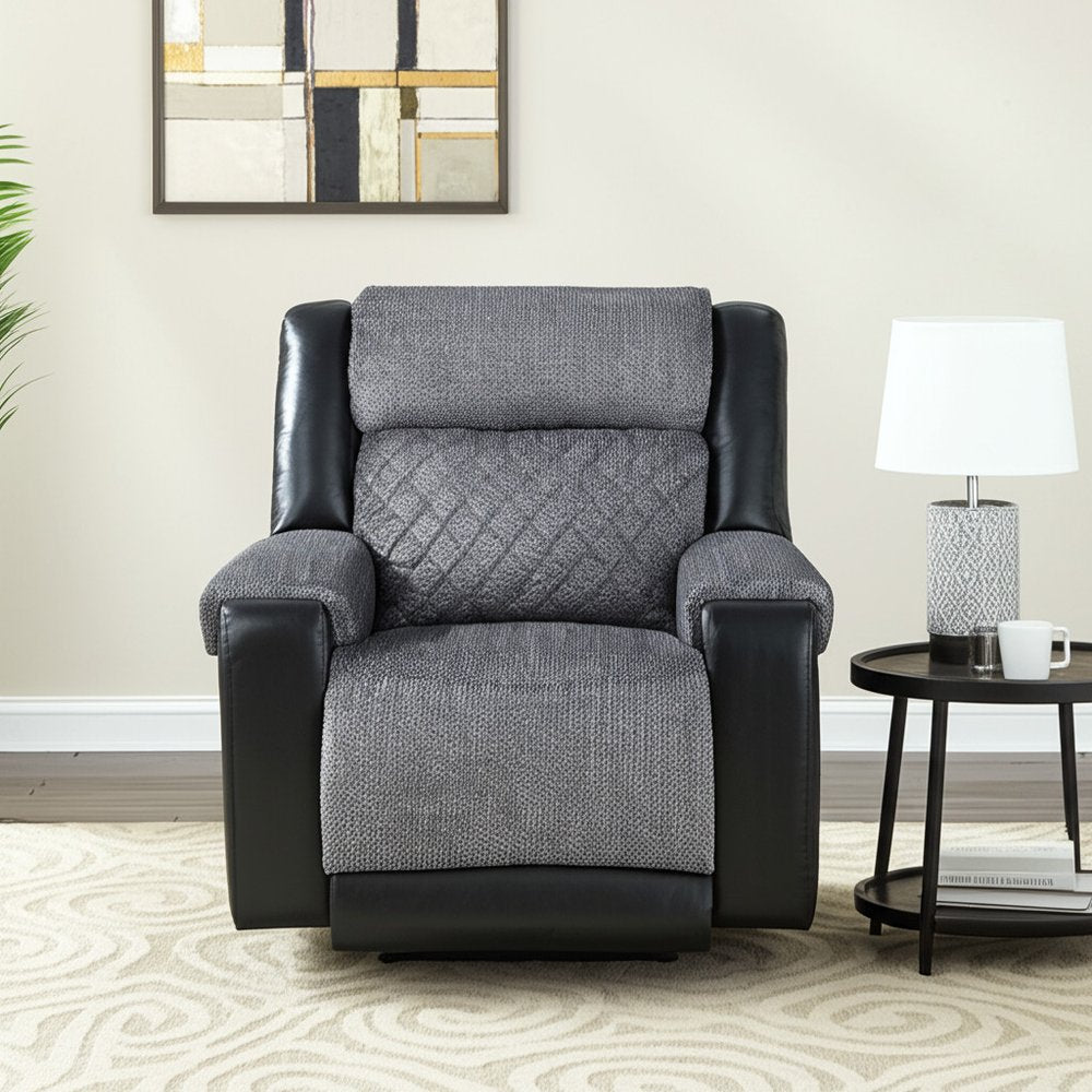 Black and Gray Faux Leather and Fabric Manual Recliner - 39-inch