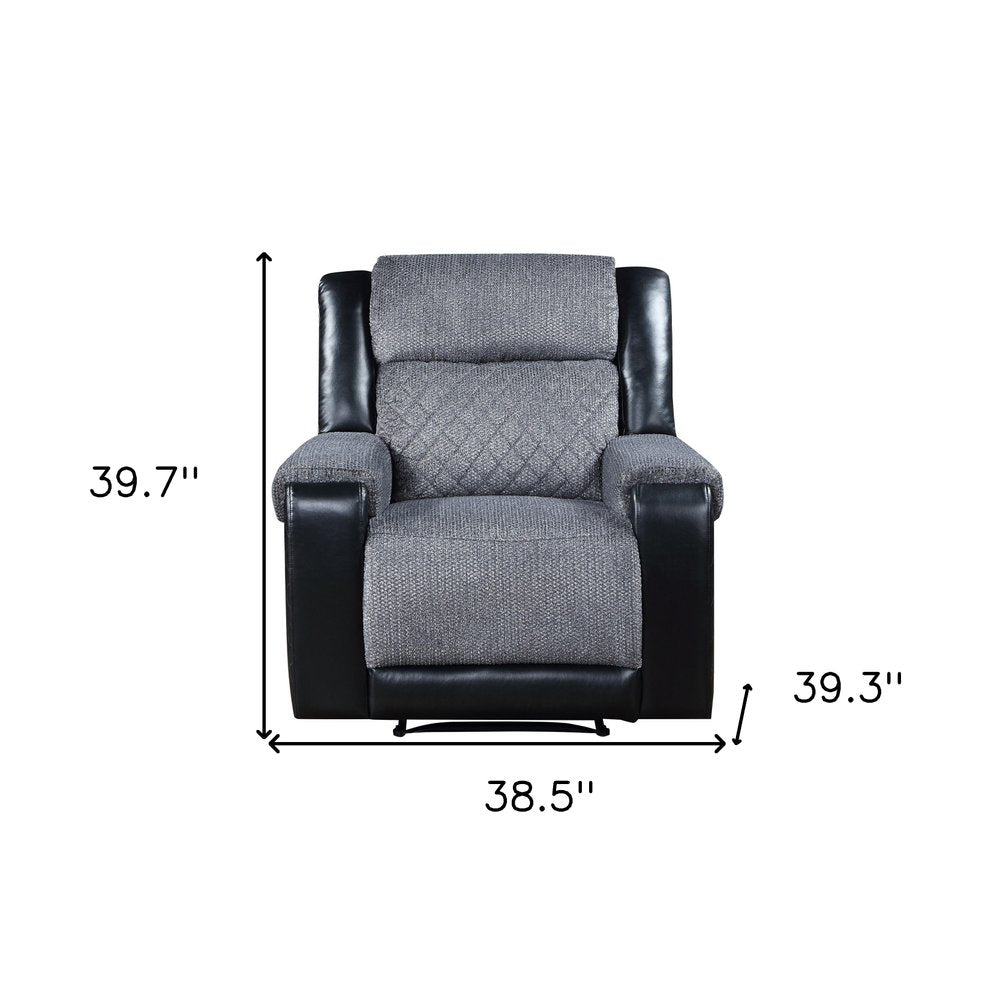 Black and Gray Faux Leather and Fabric Manual Recliner - 39-inch