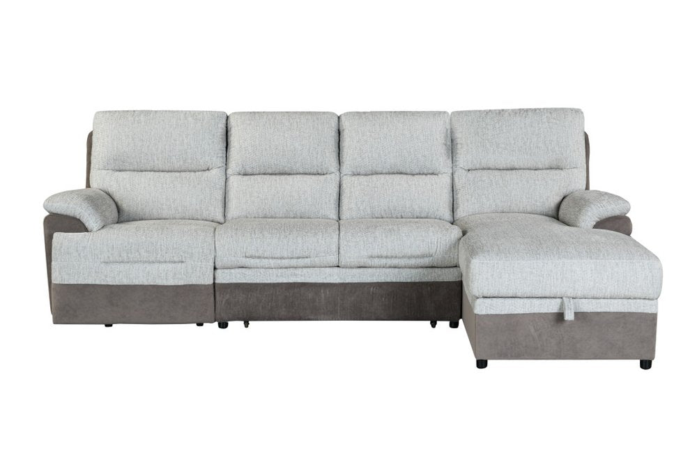 Beige and Brown Fabric Sleeper L Shaped Three Piece Sofa and Storage Chaise Sectional