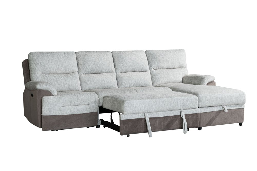 Beige and Brown Fabric Sleeper L Shaped Three Piece Sofa and Storage Chaise Sectional