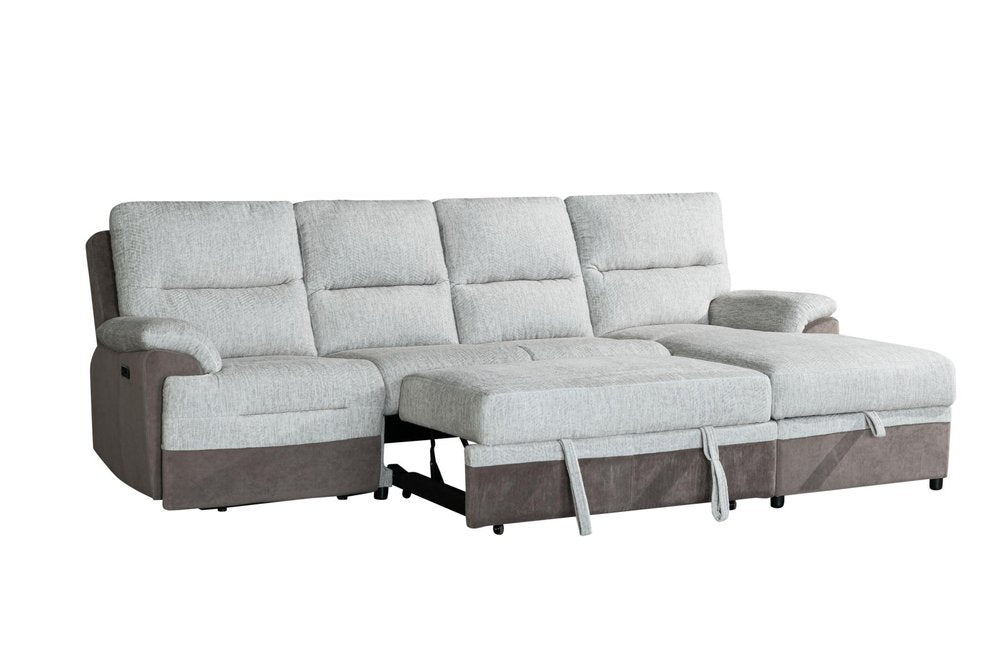 Beige and Brown Fabric Sleeper L Shaped Three Piece Sofa and Storage Chaise Sectional