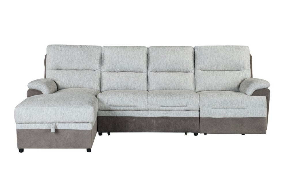 Beige and Brown Fabric Sleeper L Shaped Three Piece Sofa and Storage Chaise Sectional
