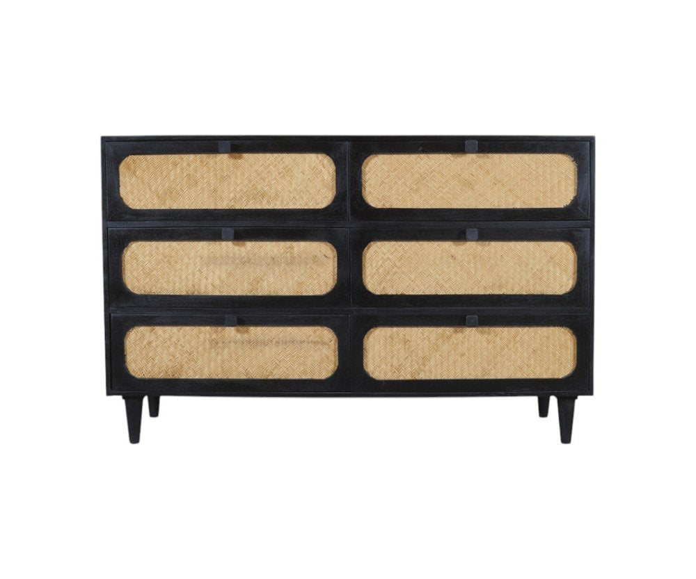Black and Natural Solid Wood and Rattan Six Drawer Double Dresser - 56-inch