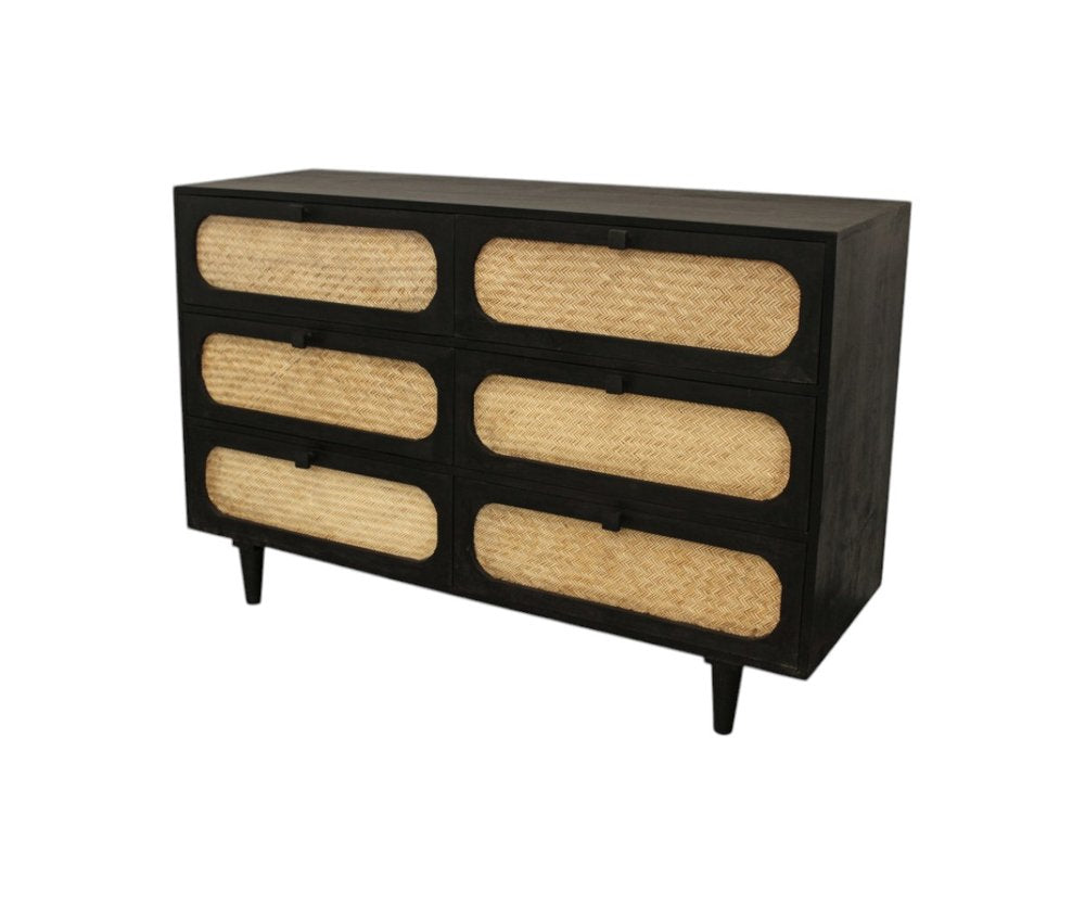 Black and Natural Solid Wood and Rattan Six Drawer Double Dresser - 56-inch