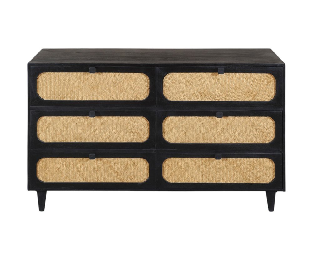 Black and Natural Solid Wood and Rattan Six Drawer Double Dresser - 56-inch