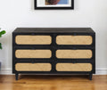 Black and Natural Solid Wood and Rattan Six Drawer Double Dresser - 56-inch
