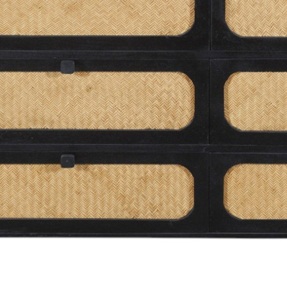 Black and Natural Solid Wood and Rattan Six Drawer Double Dresser - 56-inch