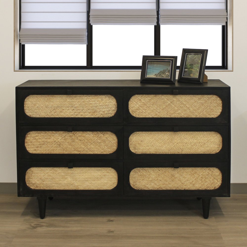 Black and Natural Solid Wood and Rattan Six Drawer Double Dresser - 56-inch