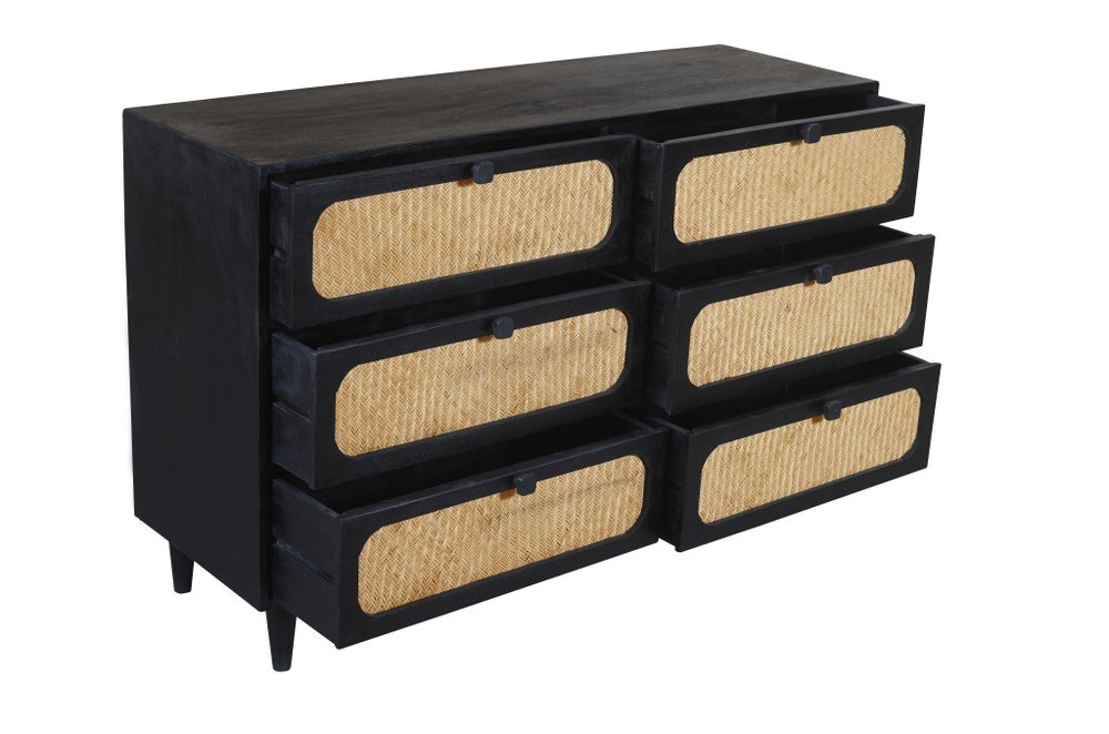 Black and Natural Solid Wood and Rattan Six Drawer Double Dresser - 56-inch
