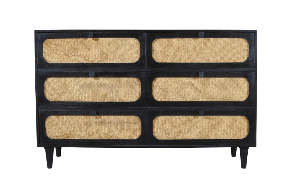 Black and Natural Solid Wood and Rattan Six Drawer Double Dresser - 56-inch