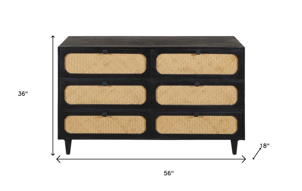 Black and Natural Solid Wood and Rattan Six Drawer Double Dresser - 56-inch