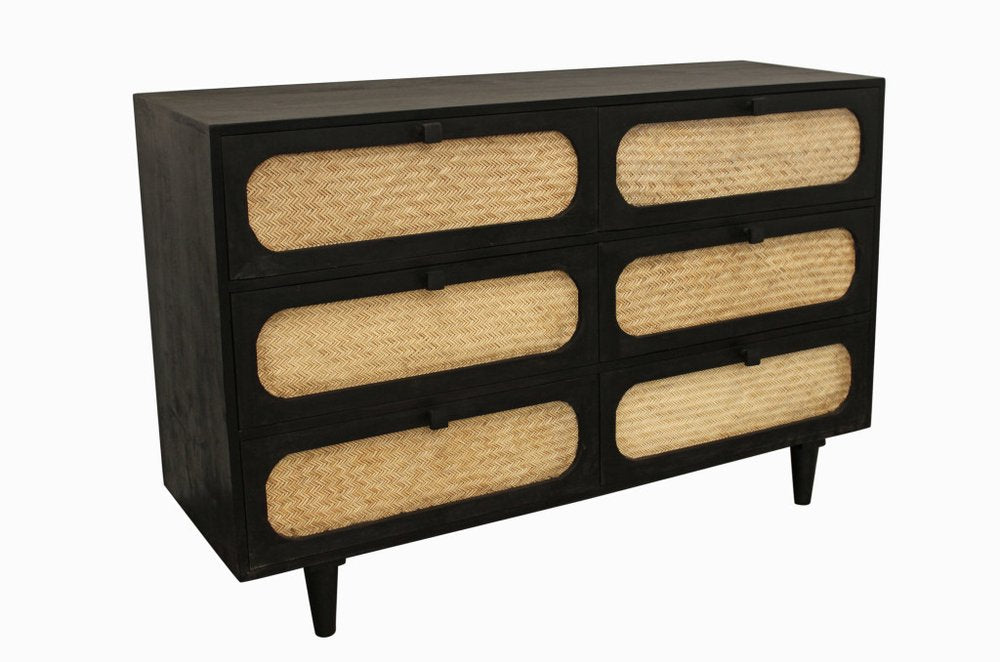 Black and Natural Solid Wood and Rattan Six Drawer Double Dresser - 56-inch