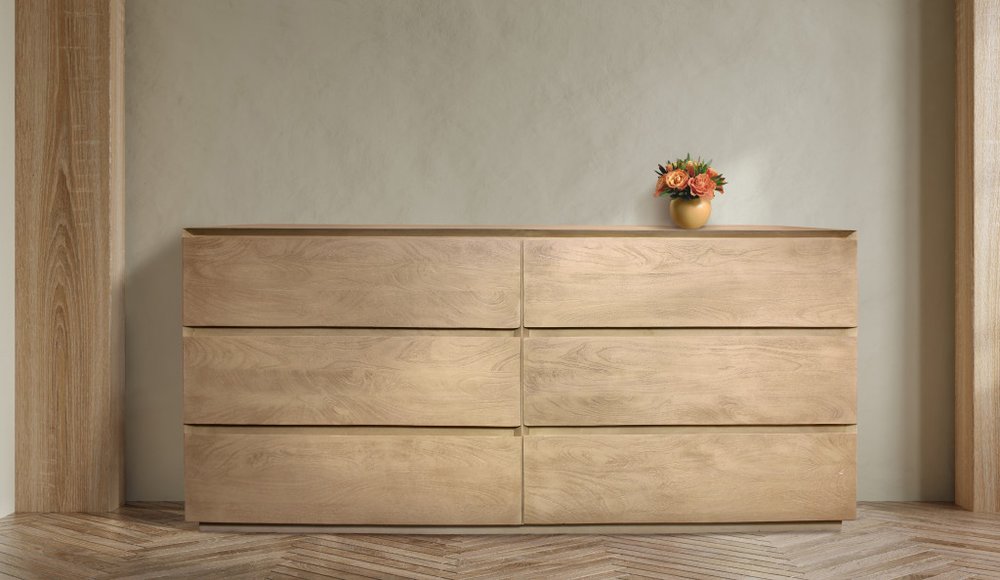 Natural Solid Wood Six Drawer Double Dresser - 72-inch