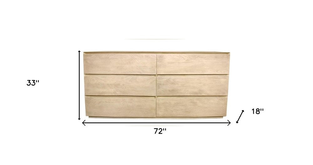 Natural Solid Wood Six Drawer Double Dresser - 72-inch