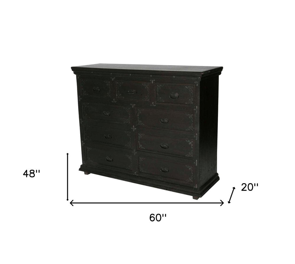 Dark Brown Carved Scrollwork Solid Wood Nine Drawer Double Dresser - 60-inch
