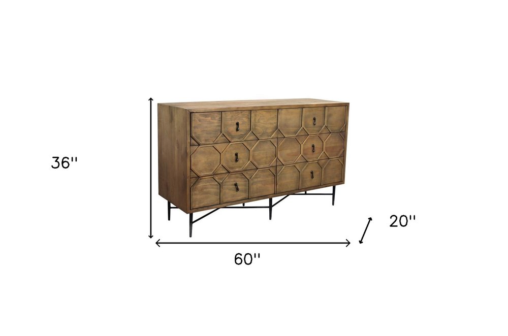 Natural Solid Wood Six Drawer Double Dresser - 60-inch