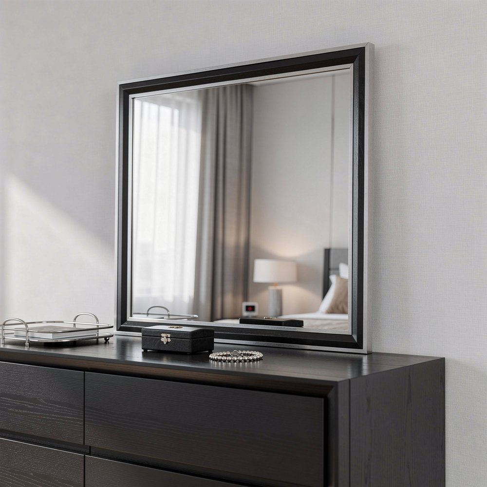 Black and Gray Wood Dresser Mount Framed Mirror - 39-inch