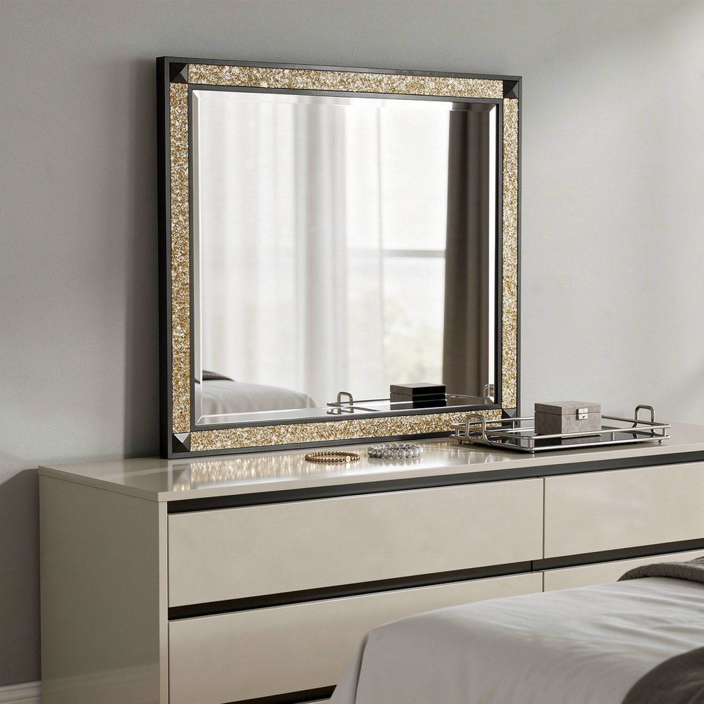 Black and Gold Faux Crystal and Wood Dresser Mount Framed Mirror - 36-inch