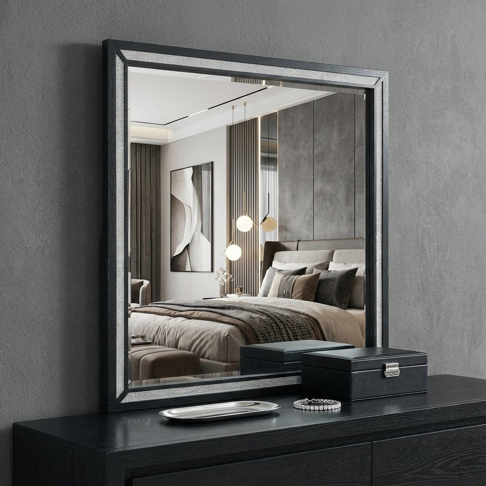 Black Faux Crystal and Wood Dresser Mount Framed Mirror - 37-inch