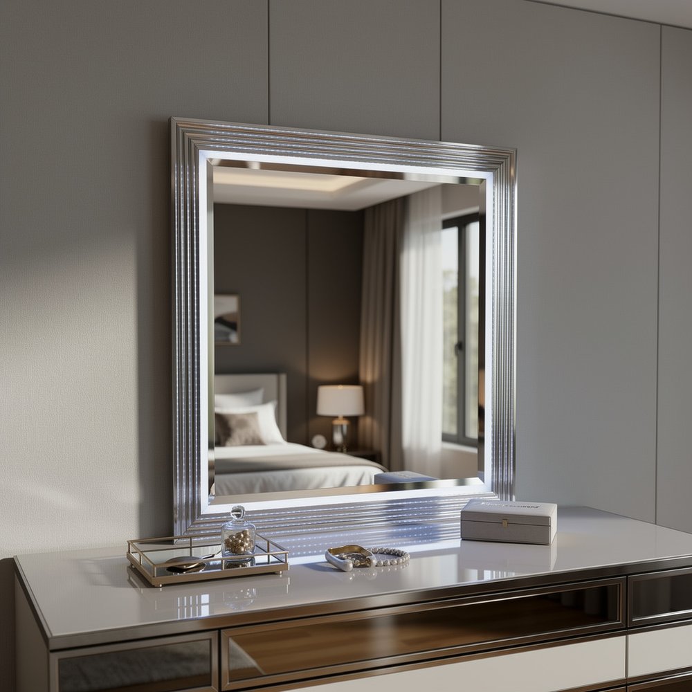 Silver and White Wood Square Lighted Dresser Mount Framed Mirror - 42-inch
