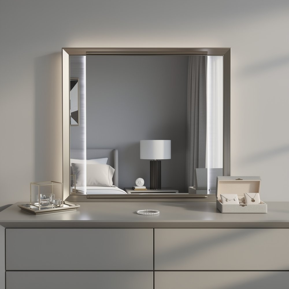 White and Silver Wood Lighted Dresser Mount Framed Mirror - 38-inch