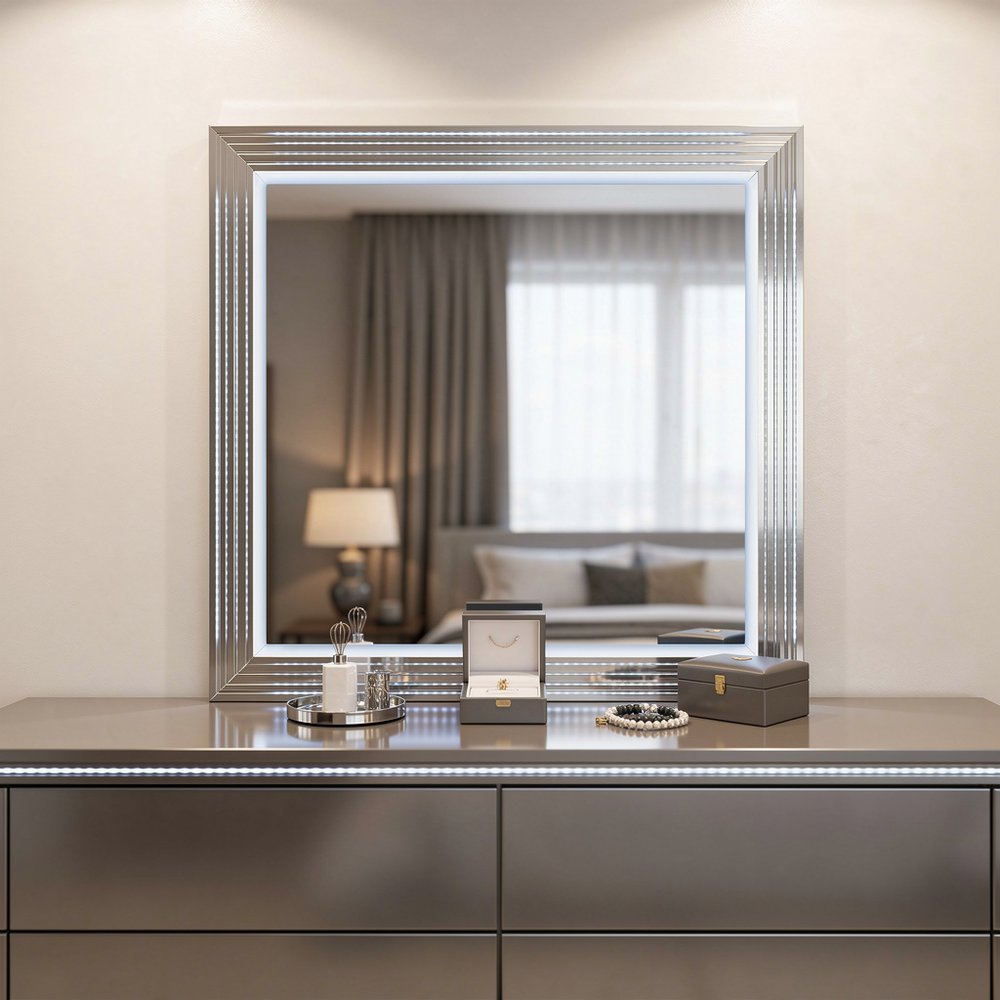White Wood Square Lighted Dresser Mount Framed Mirror - 42-inch