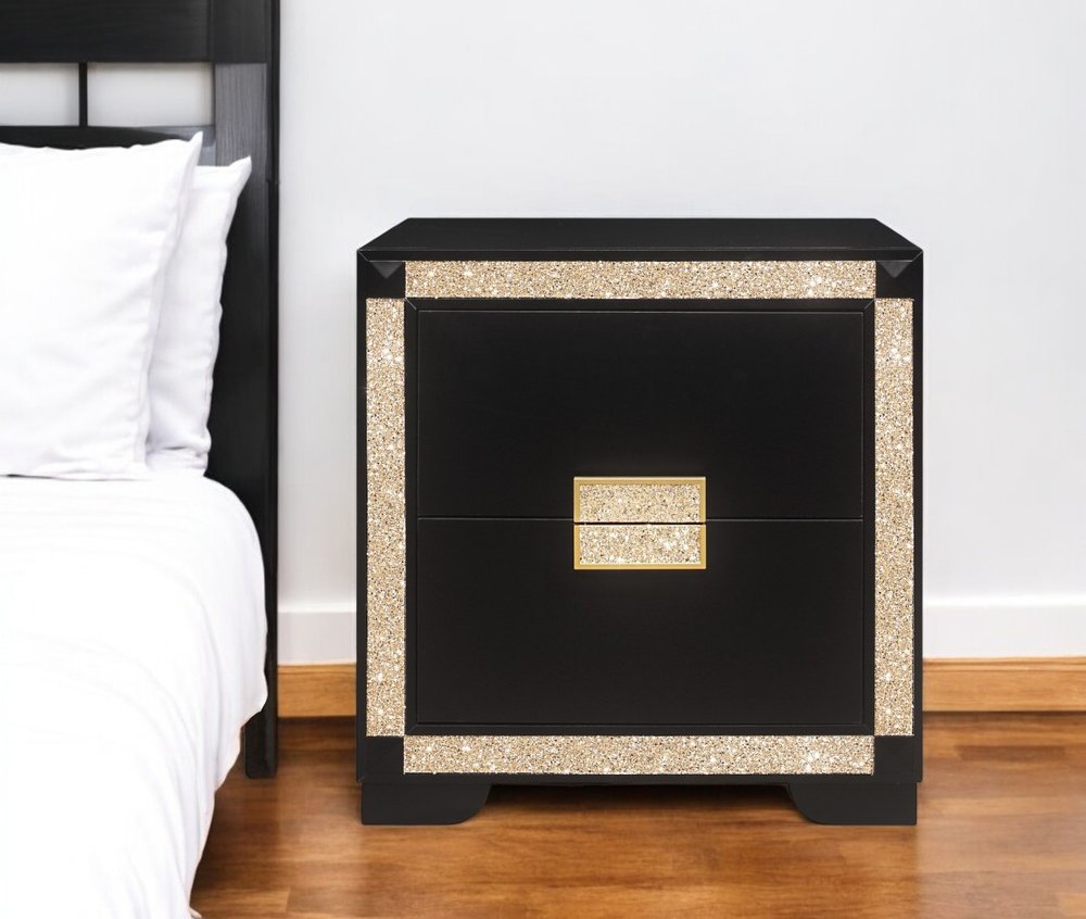 Black and Gold Two Drawer Faux Crystal Bling Wood Nightstand - 26-inch