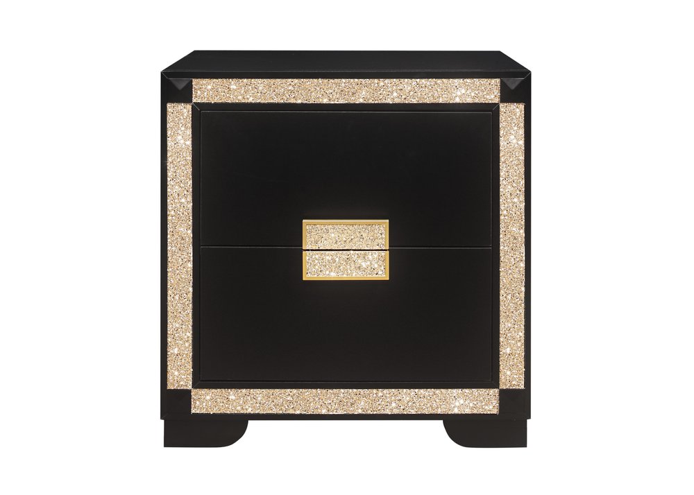 Black and Gold Two Drawer Faux Crystal Bling Wood Nightstand - 26-inch