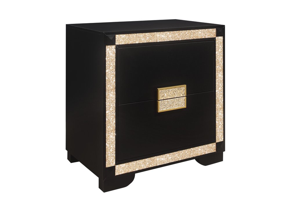 Black and Gold Two Drawer Faux Crystal Bling Wood Nightstand - 26-inch