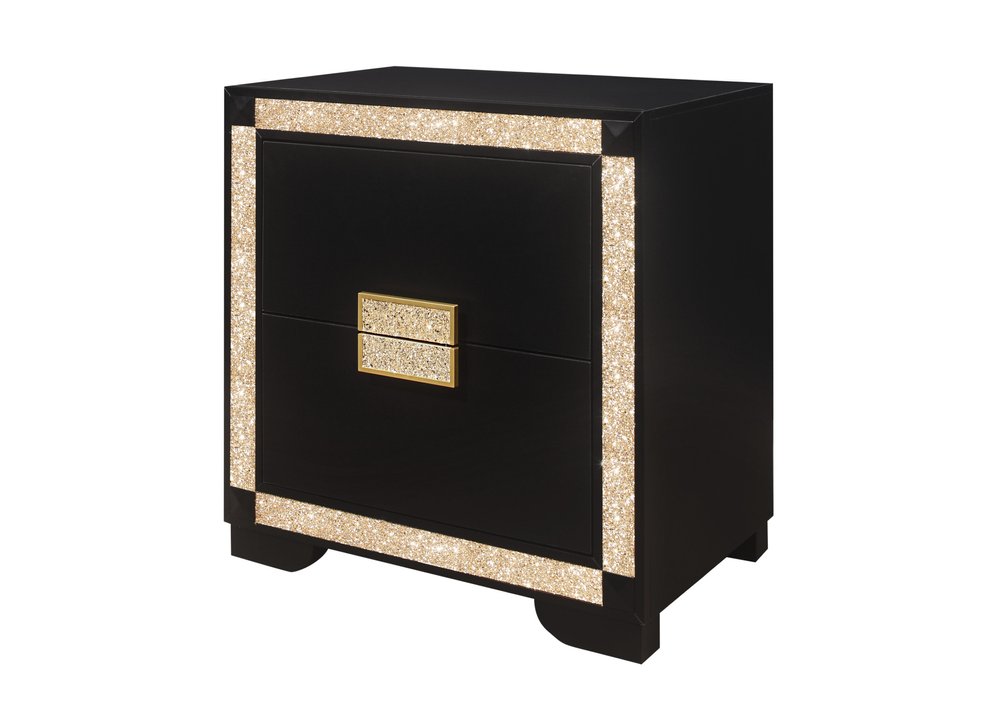 Black and Gold Two Drawer Faux Crystal Bling Wood Nightstand - 26-inch