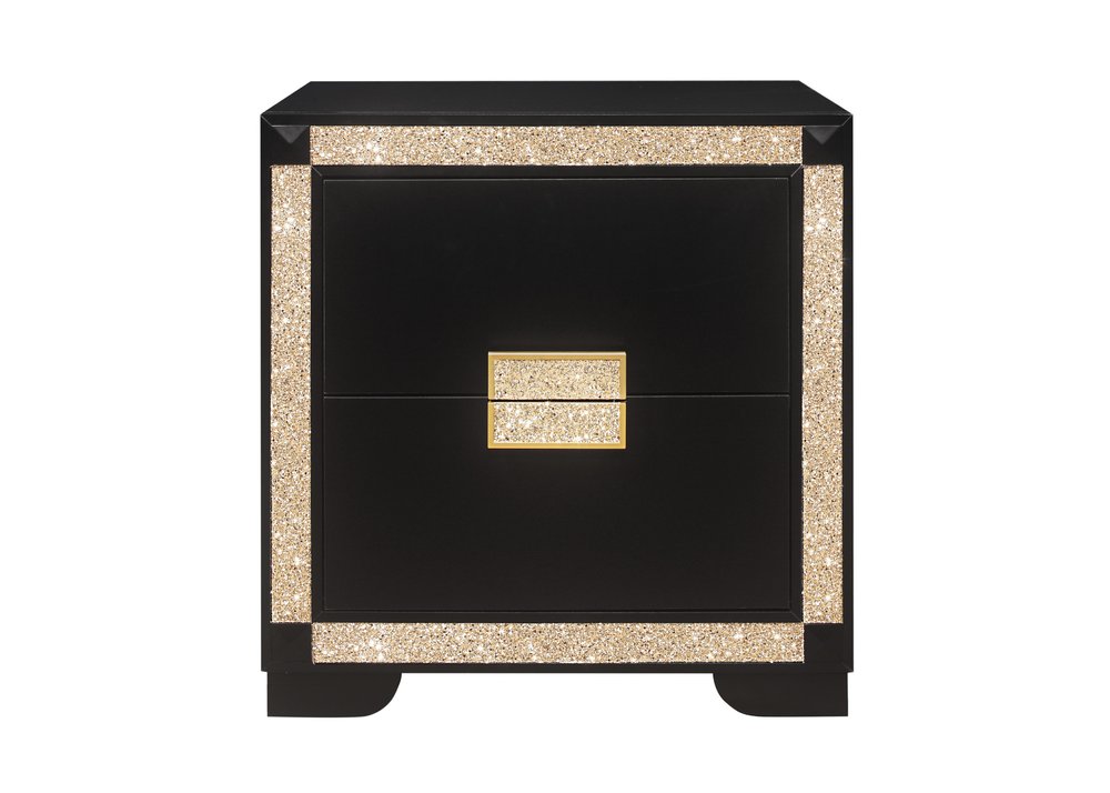 Black and Gold Two Drawer Faux Crystal Bling Wood Nightstand - 26-inch