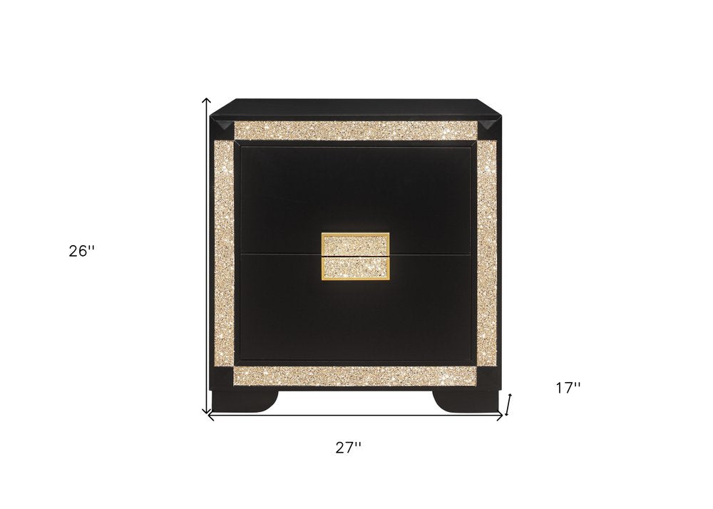 Black and Gold Two Drawer Faux Crystal Bling Wood Nightstand - 26-inch