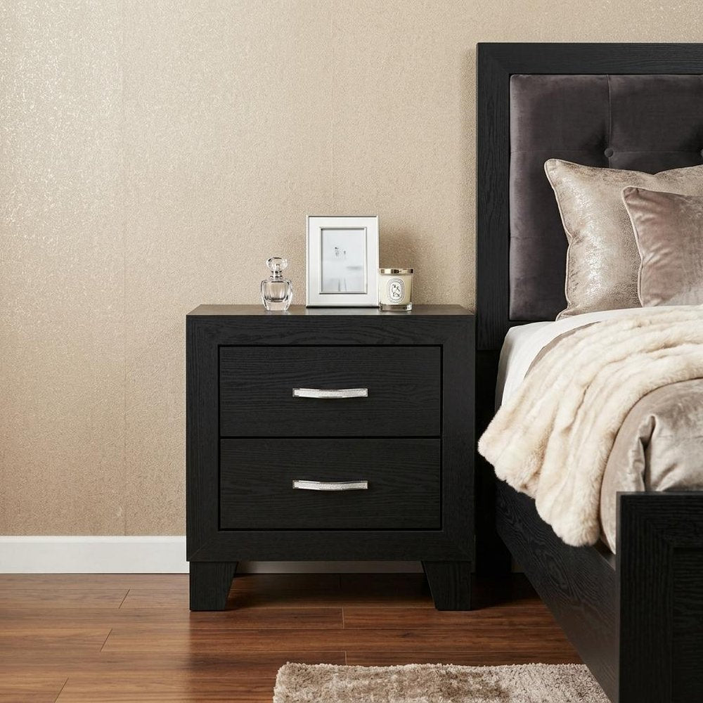 Black Solid and Manufactured Wood Two Drawer Nightstand - 22-inch