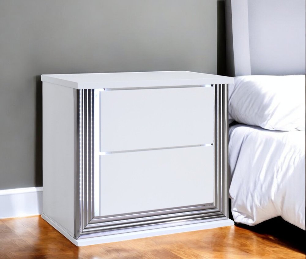 White Solid and Manufactured Wood Lighted Two Drawer Nightstand - 25-inch