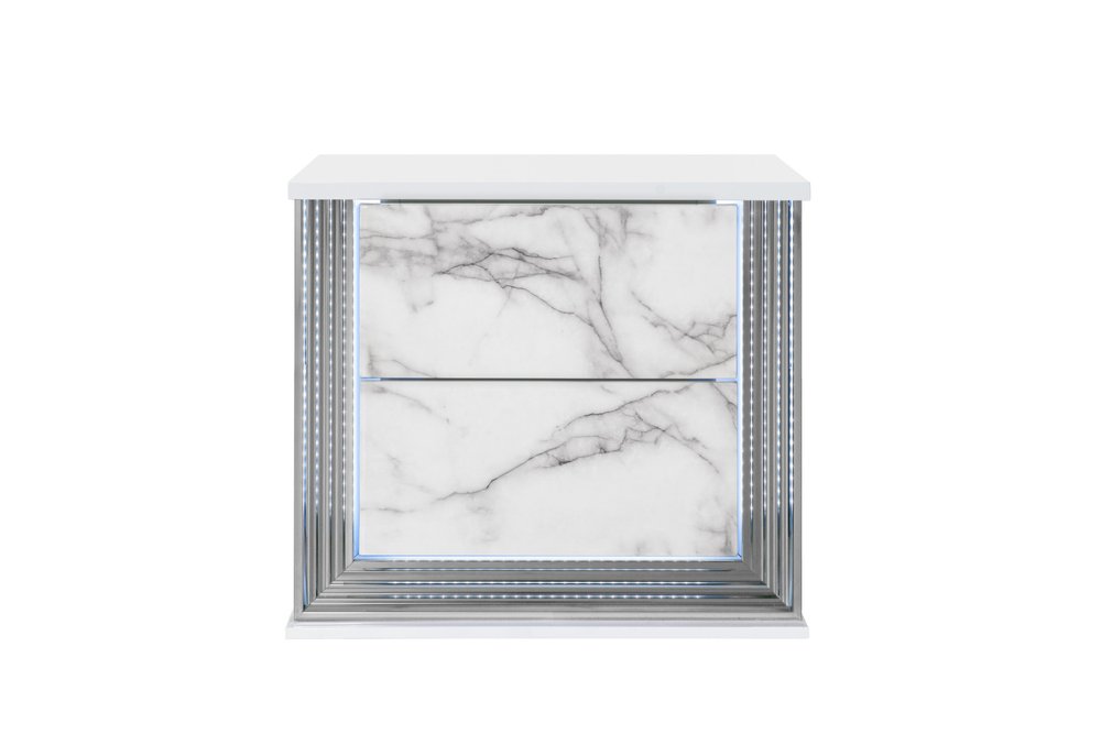 White Wood Faux Marble Solid and Manufactured Wood Lighted Two Drawer Nightstand with USB Port