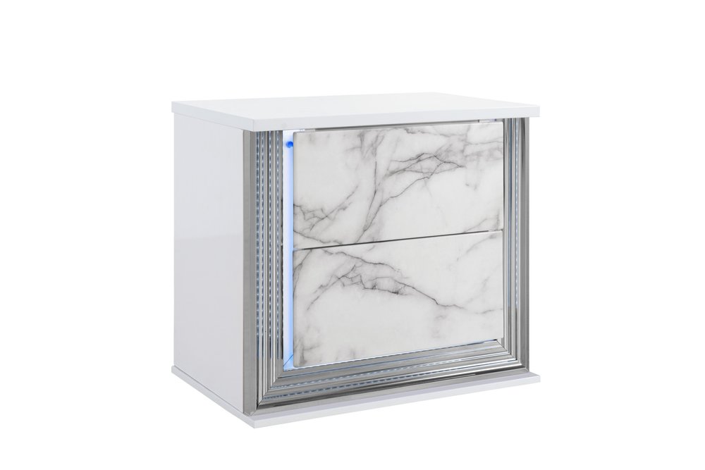 White Wood Faux Marble Solid and Manufactured Wood Lighted Two Drawer Nightstand with USB Port