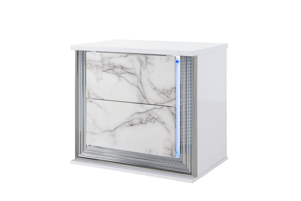 White Wood Faux Marble Solid and Manufactured Wood Lighted Two Drawer Nightstand with USB Port