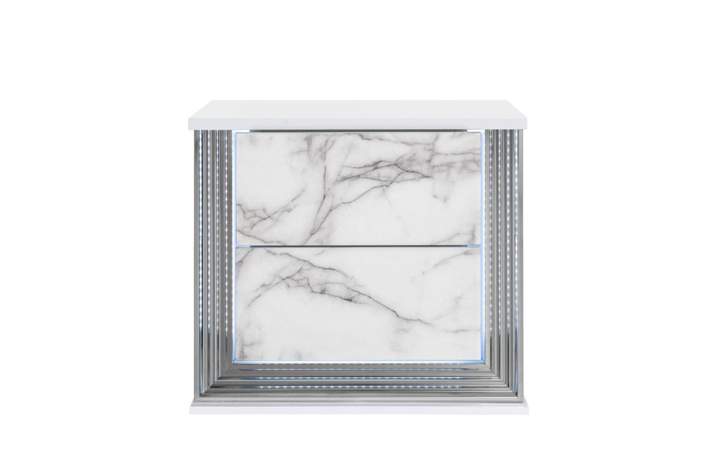 White Wood Faux Marble Solid and Manufactured Wood Lighted Two Drawer Nightstand with USB Port