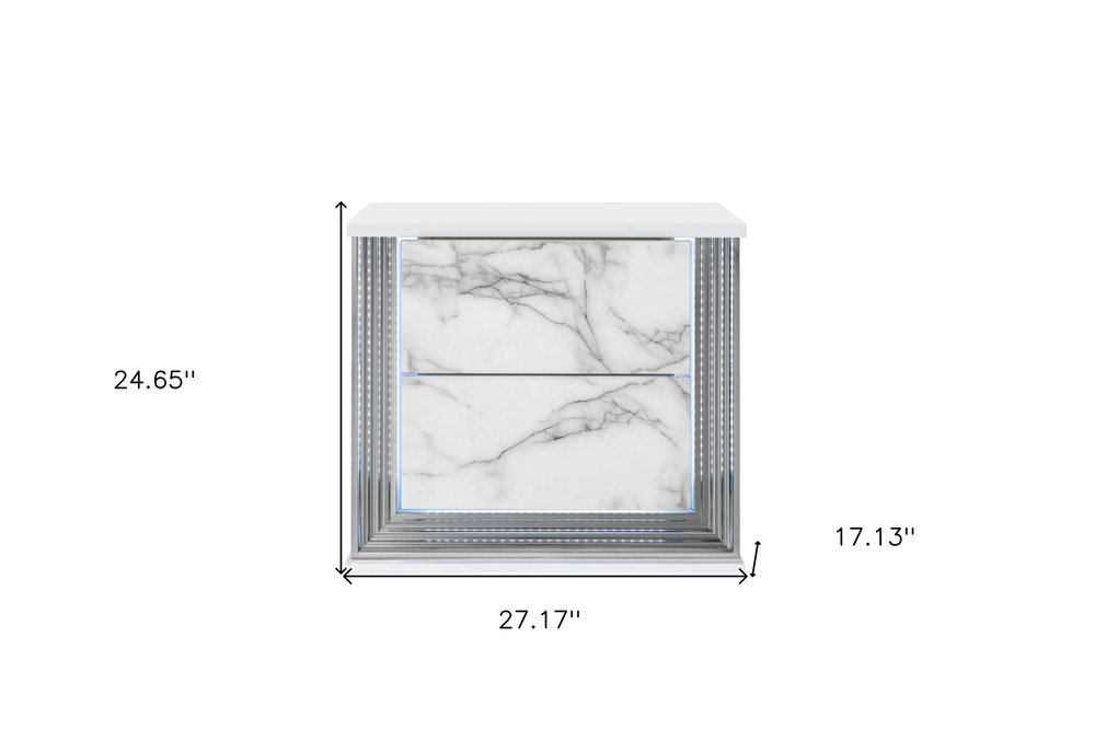 White Wood Faux Marble Solid and Manufactured Wood Lighted Two Drawer Nightstand with USB Port