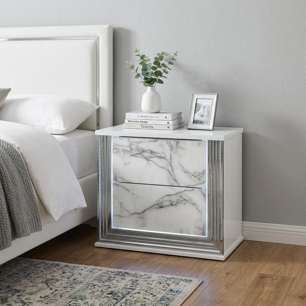 White Wood Faux Marble Solid and Manufactured Wood Lighted Two Drawer Nightstand with USB Port