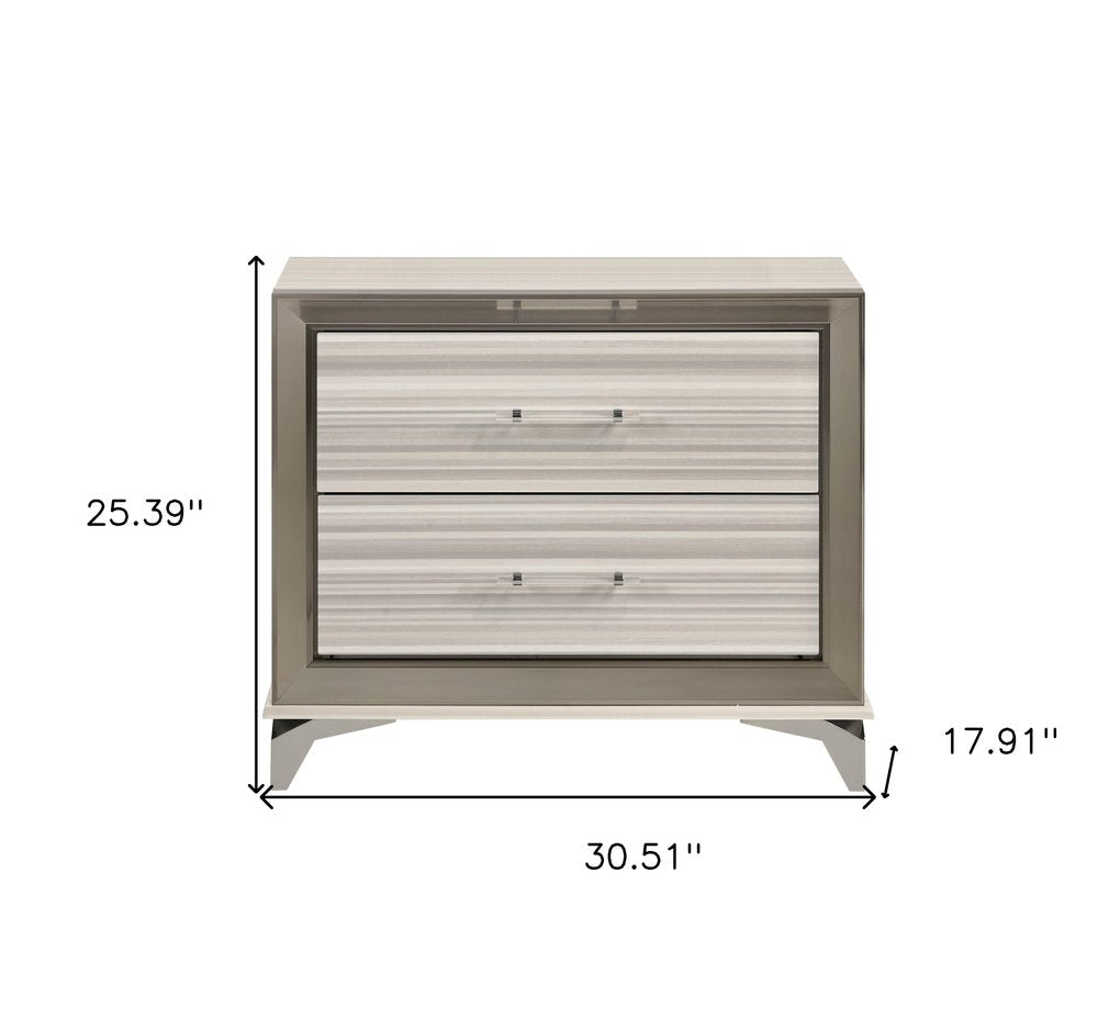 Silver and White Wood Lighted Two Drawer Nightstand - 25-inch