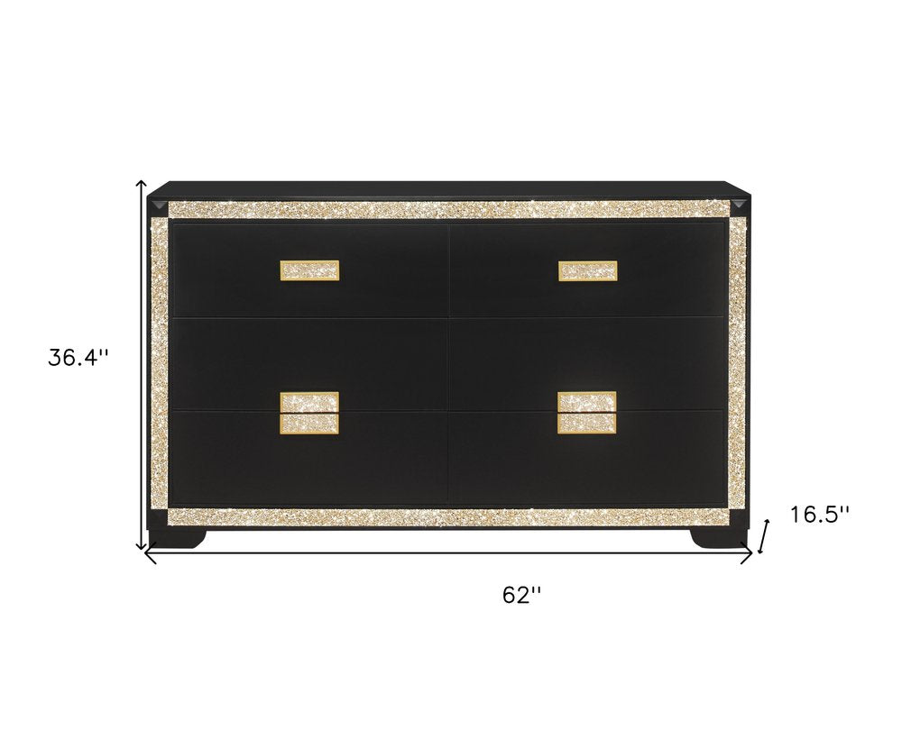 Black and Gold Faux Crystal Bling Wood Six Drawer Double Dresser - 62-inch