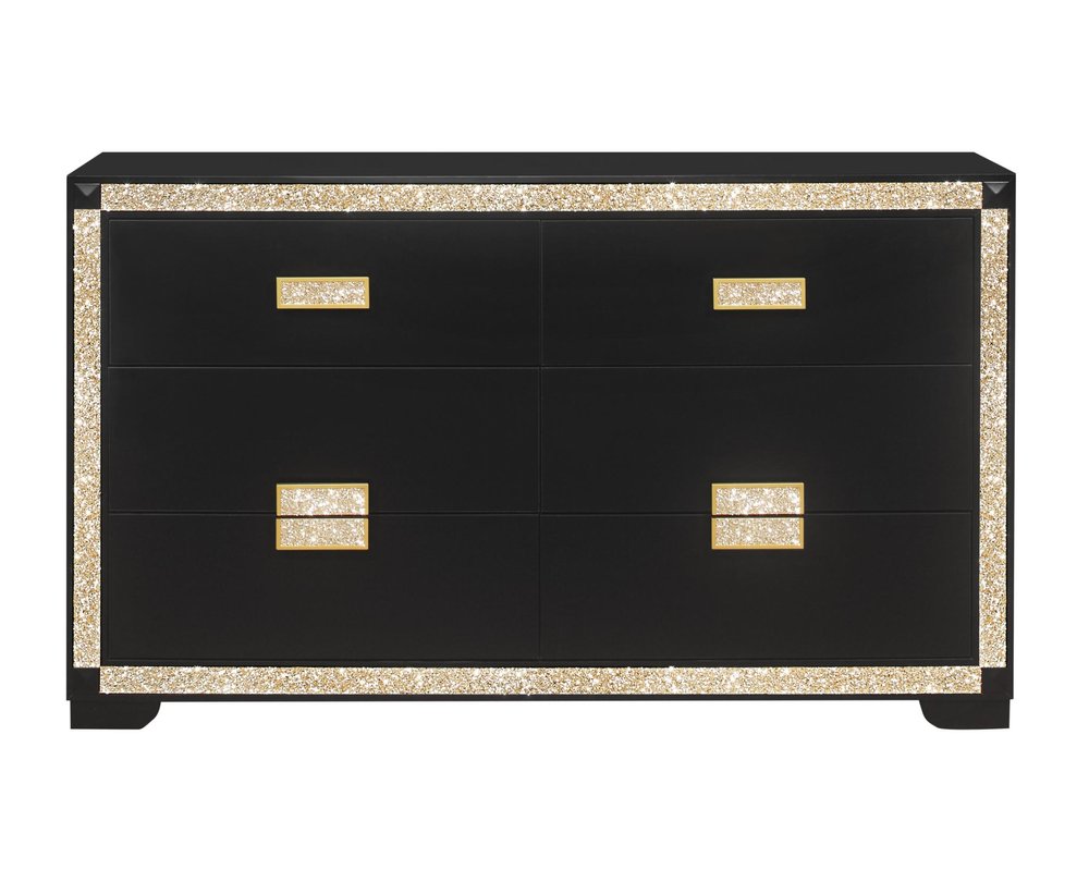 Black and Gold Faux Crystal Bling Wood Six Drawer Double Dresser - 62-inch