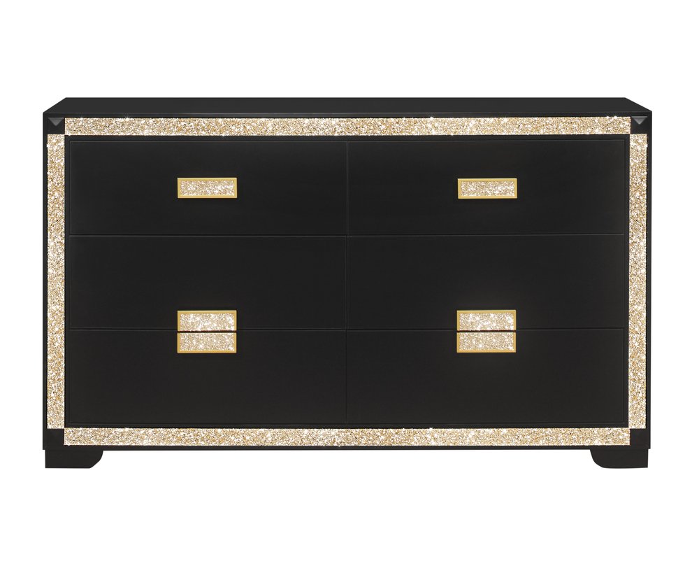 Black and Gold Faux Crystal Bling Wood Six Drawer Double Dresser - 62-inch