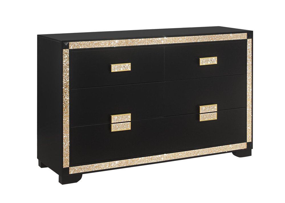 Black and Gold Faux Crystal Bling Wood Six Drawer Double Dresser - 62-inch