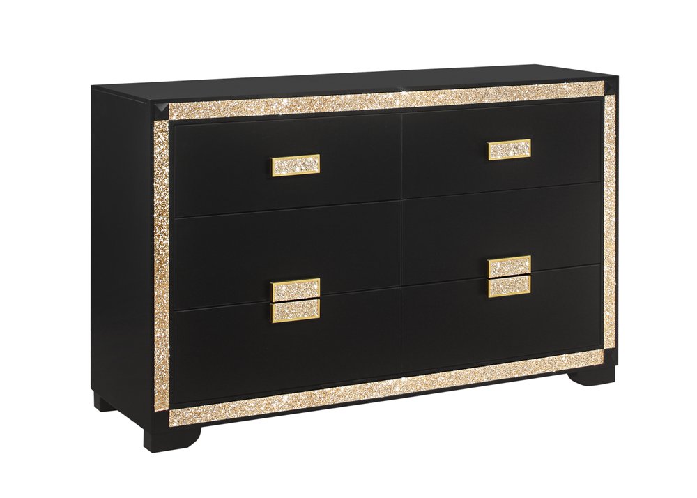 Black and Gold Faux Crystal Bling Wood Six Drawer Double Dresser - 62-inch