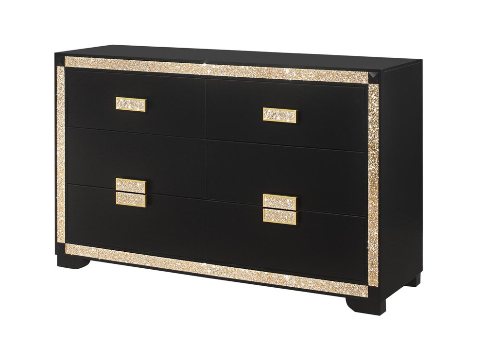 Black and Gold Faux Crystal Bling Wood Six Drawer Double Dresser - 62-inch