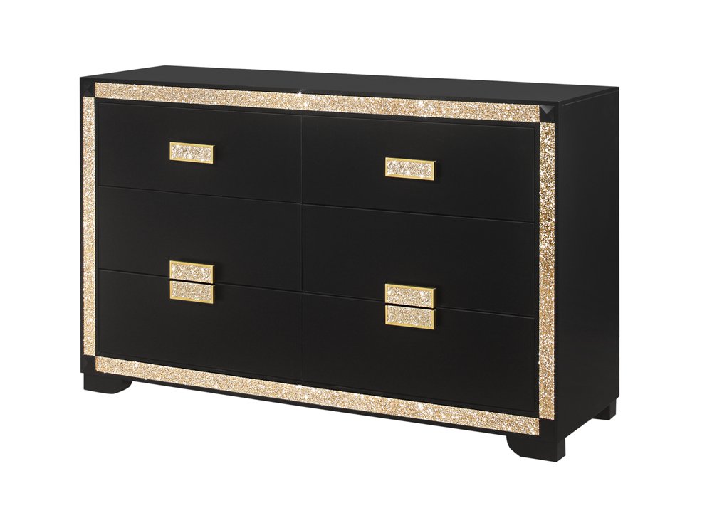 Black and Gold Faux Crystal Bling Wood Six Drawer Double Dresser - 62-inch